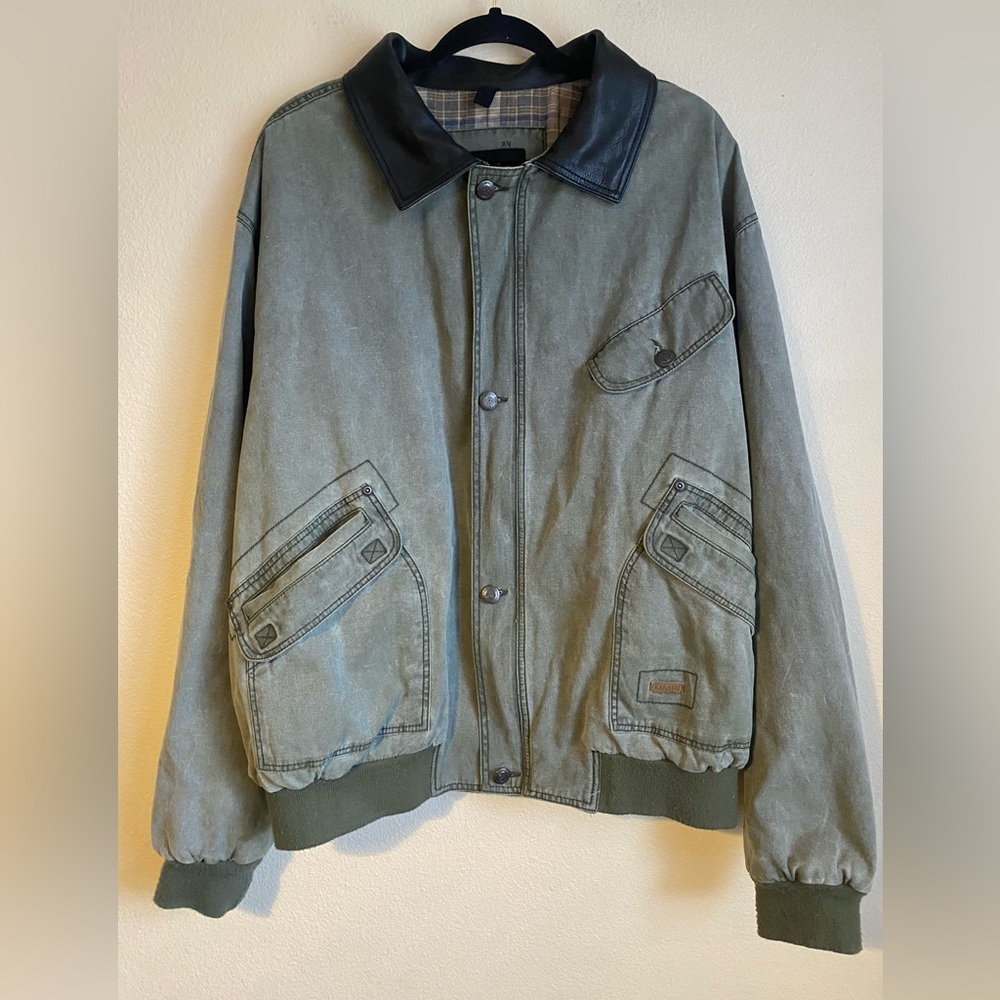 Kakadu Traders Australia Jacket Mens XL Green Canvas Full Zip Leather Collar